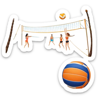 The scene captures a sunny sea beach atmosphere with clear blue sea and sky, palm trees swaying, and people in swimsuits enjoying the vibrant surroundings. A volleyball resting on the orange sand ground of a beach, with a volleyball net in the background.  sticker