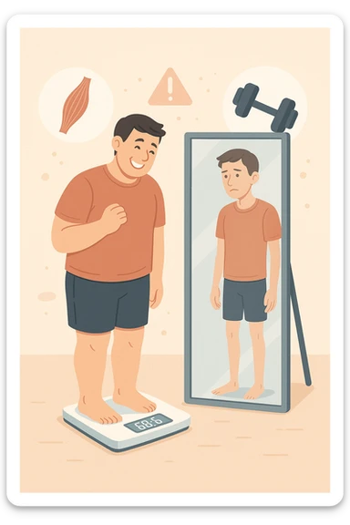 a man stands on a scale, smiling at the lower number, but his reflection in a nearby mirror shows a thinner, but also visibly weaker and less muscular body. Around him, floating icons or faded images of muscle fibers and dumbbells highlight the overlooked loss of muscle mass. The mood is cautionary and educational. in italiano sticker