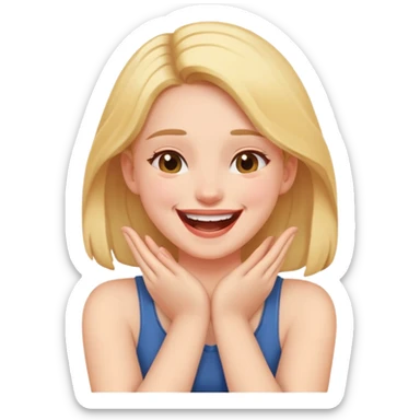 Girl laughing while hands crossed holding her neck sticker