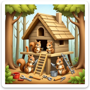 squirrel hut under construction with four workers sticker