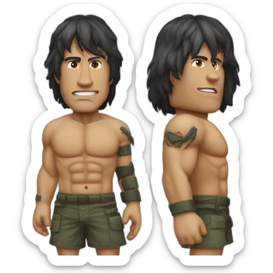o rosto do Rambo com faixa vermelha na cabeça no corpo do The Rock de corpo inteiro sticker