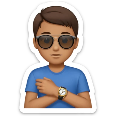 Un niño con pelo lacio color castaño,con lentes de sol negros y un reloj en la mano sticker