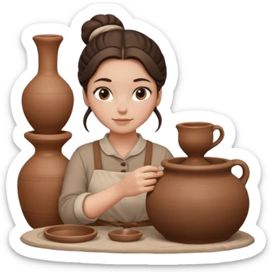 Brunette girl with a bun, behind the potter's wheel, wearing neutral clothing sticker