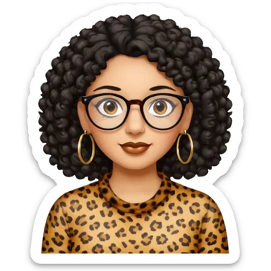 A women who wears glasses with a black curly hair, in a leopard print shirt, hoop earrings   sticker