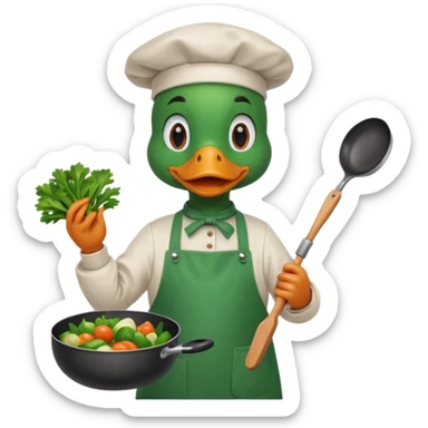 A duck holding a frying pan with vegetables, wearing green apron sticker