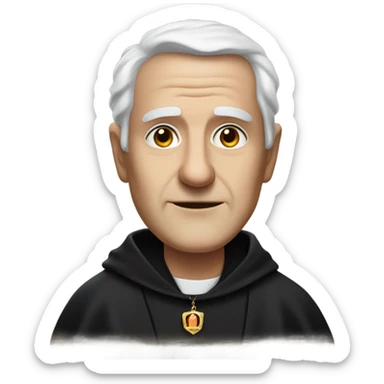 "An middle aged man with thinning white hair, a weathered face, and a solemn expression. He wears a black robe with a clerical collar and holds a Bible or rosary, standing in a modest church." sticker