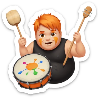 A chubby orange hair fan pounding a bass drum, cheeks puffing with energy with paints on his cheeks sticker