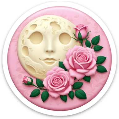 A round pink button with a light cream full damask moon and pink roses in the center sticker