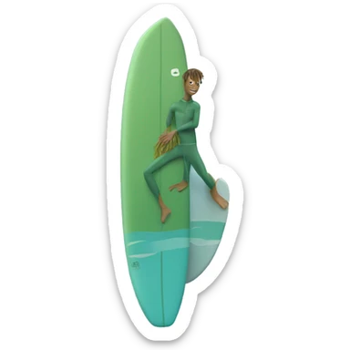 surfer on light blue surfboard wearing seaweed color wetsuit sticker