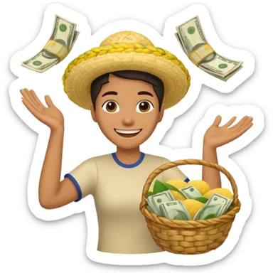 baskets, some overflowing with money, others with colombian arepas in the background a very happy person ridiculously throwing money around sticker