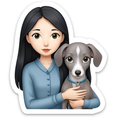 Slim Chinese girl with long black hair holding all grey Italian greyhound sticker