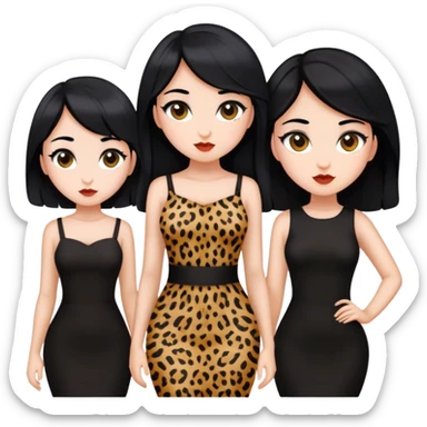 5 girls with black hair wearing black dresses or cheetah print  sticker