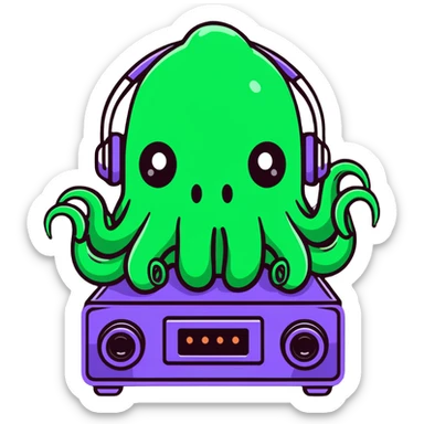 Lovecraftian Cthulhu monster with tentacle face operating audio equipment sticker
