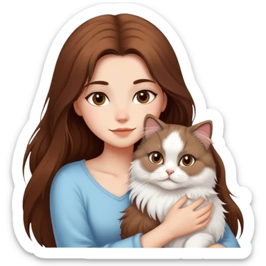 pretty girl with long brown hair, hugging her persian cat sticker