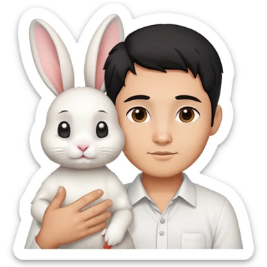 A tan-skinned Thai man with black hair and a low fade haircut, dressed in a white shirt, is holding a white rabbit with perky ears. sticker
