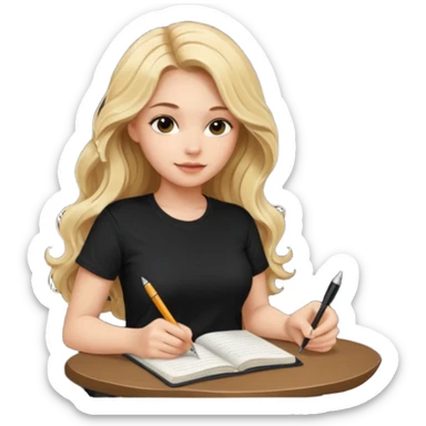 A beautiful blonde with long wavy hair in a black T-shirt sits and writes in a diary with a pen. sticker