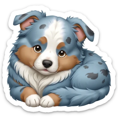 Cinematic Chubby Sleeping Blue Merle Australian Shepherd Portrait Emoji, Chubby and serene, with a round, adorable build and a soft blue merle coat accented by crisp white patches, eyes gently closed in peaceful slumber, Simplified yet irresistibly endearing features, highly detailed, glowing with a gentle, dreamy glow, high shine, relaxed and content, stylized with a touch of whimsy, bright and heartwarming, soft glowing outline, capturing the essence of a blissfully sleepy herder, so comically serene it feels like it could roll out of the screen and snore with adorable charm! sticker