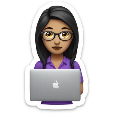 programmer girl with macbook. mendium length Black hair, black eyes, no glasses, purple shirt sticker