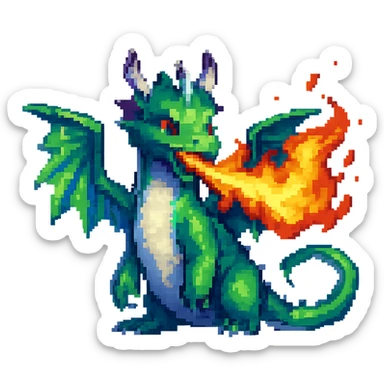 Add fire breath to the dragon in pixel art style, no background, keep pixel art aesthetic and details. sticker