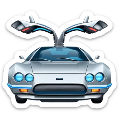 Retro-futuristic hover car inspired by the DeLorean, gullwing doors, silver metallic body with blue-tinted windows, stylized jet boosters in the back, flat vector style, outlined shapes, minimal design sticker