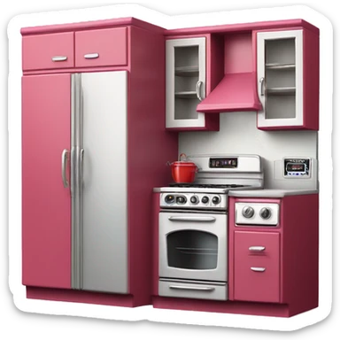 Isolated full length Realistic raspberry vintage retro kitchen range with cabinets and counters. sticker