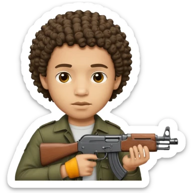 AK47 in hand, light skin male with shortest curly hair  and some cuts on the face  sticker