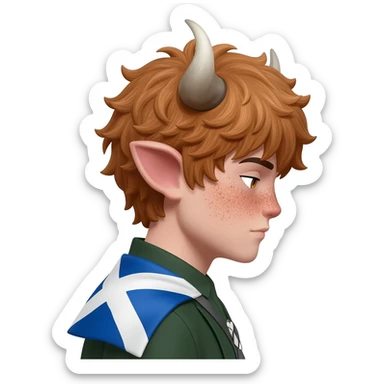 curly femboy with freckles with messy light brown bangs covering the eyes with bull horns and bull ears with scottish flag on his shoulders side view sticker