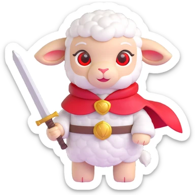 cute cartoon lamb with white wool, gray face, red glowing eyes, small horns, wearing a red cape with a yellow bell, holding a large sword sticker