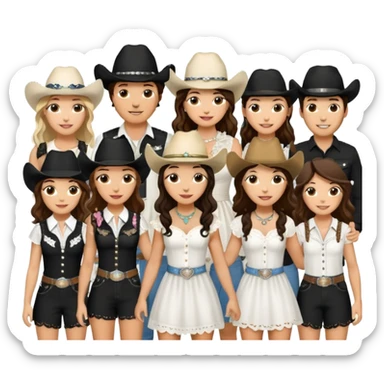 Group of 18 friends at Coachella music festival with brunette bride wearing all white and everyone else wearing all black cowgirl and cowboy theme (8 girls, 10 guys) and one mini goldendoodle sticker