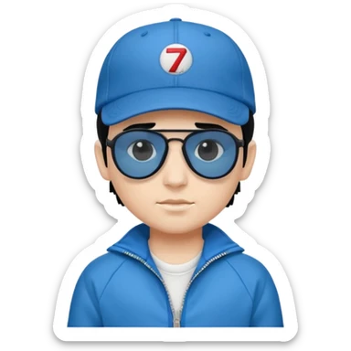 make a genmoji of a boy with a white baseball cap, black hair and a blue zipper jacket with black sunglasses sticker