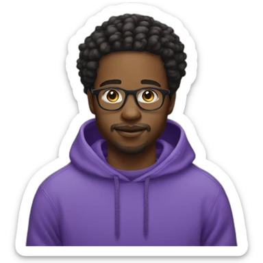 Black Young man and glasses and little beard mustache working in digital space with locs and purple sweatshirt sticker