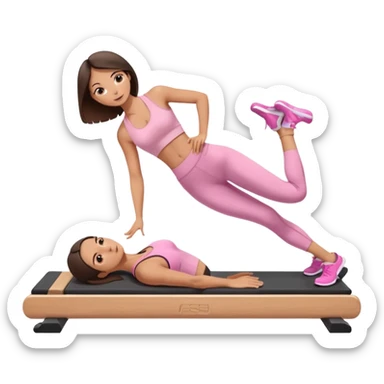 white brunette girl in light pink workout clothes doing a plank on a reformer sticker