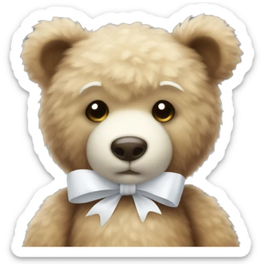 A fluffy teddy bear with a white bow sticker