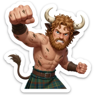 big buff curly hairy man covered in dirt with freckles with messy light brown bangs that covers his face completely with bull horns and bull ears and bull tail dressed in kilt punches with left hook closeup furious expression sticker