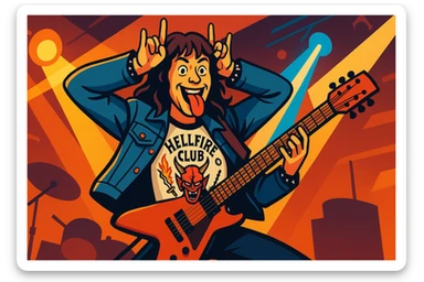 Eddie Munson from Stranger Things in vibrant toon style, wide aspect ratio (16:9), playing guitar on stage with energetic pose, lighter vivid colors and dark outlines. sticker