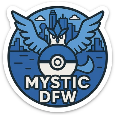 Add a Pokéball to the circular Team Mystic DFW logo, integrating it with the Articuno emblem and Dallas-Fort Worth skyline, using a blue and white palette. sticker