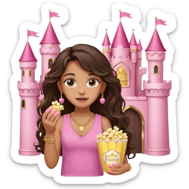 a woman with long dark brown  beachy wavy hair with light brown big eyes wearing pink vest top gold necklace baby pink nails and gold stud earrings with a pink castle fantasy in the background while eating popcorn  sticker