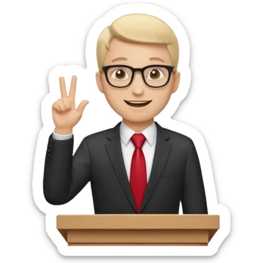 A professional clean-shaven man in a dark business suit and red tie standing behind a wooden podium, speaking confidently. A small microphone is placed on the podium. The man has glasses, a friendly smile, and open hand gestures. Soft studio lighting, neutral dark background, realistic emoji style. sticker