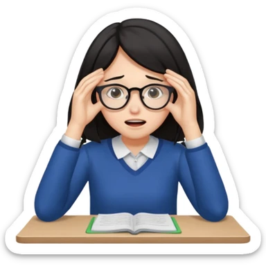 A dark-haired student panics during an exam, covering her face with her hands and not knowing what to do. sticker