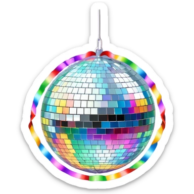 emoji: shiny disco ball with salesmail logo and streamers for New Year's sticker