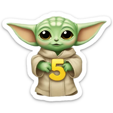 Baby Yoda holding a number 5 ribbon sticker