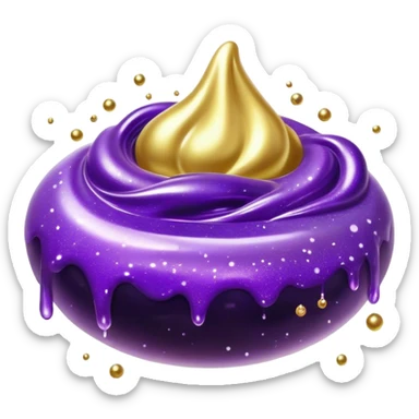 Cinematic Realistic Shiny Slime Mixed with Glitter, thick and glossy with swirling metallic flecks suspended inside, a dynamic mix of deep purple and golden sparkles, light catching every shimmer, flowing smoothly with realistic folds and ripples, glowing with an enchanting, almost liquid-metal effect. sticker