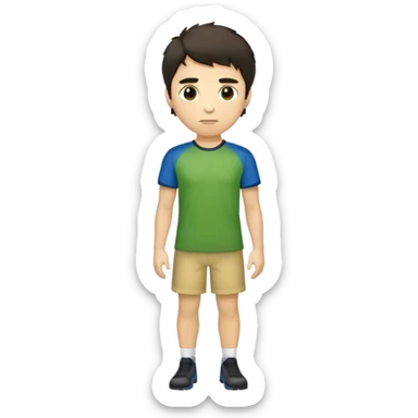 Full Body  white male basketball player with short shaggy dark hair and gold tee  wearing blue and green uniform sticker