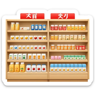 "Minimalist Japanese shelf display, identical products placed directly behind one another (same items stocked in depth), different product types arranged side by side, clean spacing, precise symmetry, soft neutral lighting, front-facing packages, ultra-detailed." sticker
