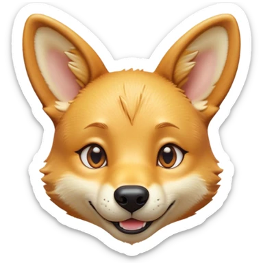 Cinematic Cute Dingo Portrait Emoji, Head tilted playfully and inquisitively, featuring a glossy sandy fur with naturally perky ears and round, sparkling amber eyes filled with curious mischief, Simplified yet irresistibly adorable features, highly detailed, glowing with a warm, friendly glow, high shine, affectionate and spirited, stylized with a touch of outback whimsy, bright and endearing, soft glowing outline, capturing the essence of a mischievous yet loving dingo, so playful it feels like it could bound out of the screen into your arms! sticker
