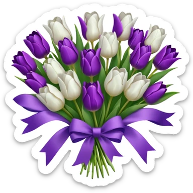 Create a set of emojis for a flower shop featuring white and purple Dutch tulips. Convey an atmosphere of delicacy, elegance, and a spring mood. Include a combination of tulips, bouquets, ribbons, hearts, and details that emphasize the shop’s premium and sophisticated style. sticker