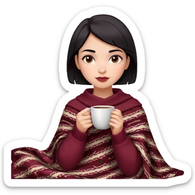 A bohemian-style emoji of a girl with short black hair, light skin tone, wearing a burgundy sweater, wrapped in a patterned blanket, holding a cup of coffee, with subtle makeup and a relaxed expression sticker