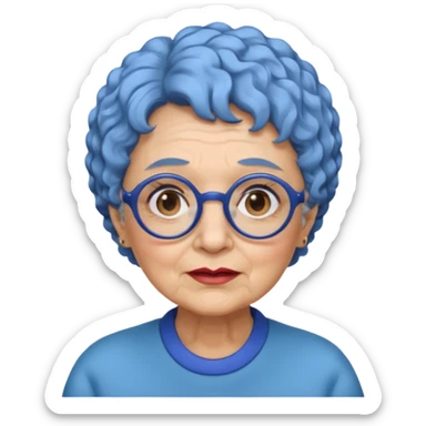 old lady with short, curly blue hair, matching blue eyebrows, light brown skin, round black glasses, and a neutral facial expression. sticker