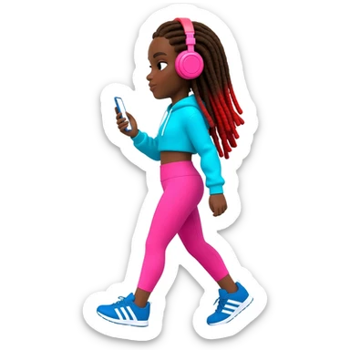 African American girl with long brown dreadlocks with red tips, pink workout leggings and a bright blue cropped hoodie, wearing big pink headphones and blue adidas pumps, taking a walk phone in hand sticker