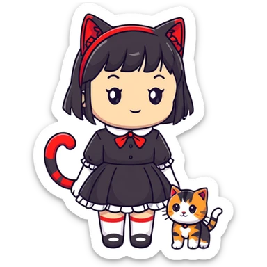 girl with black Lolita dress and black hair with red tips next to an American Shorthair tabby cat sticker